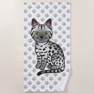 Silver Egyptian Mau Cute Cartoon Cat &amp; Paws Beach Towel