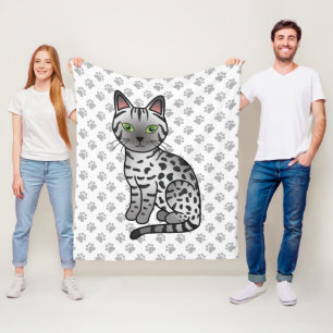 Silver Egyptian Mau Cute Cartoon Cat & Paws Fleece Blanket