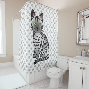 Silver Egyptian Mau Cute Cartoon Cat & Paws Shower Curtain