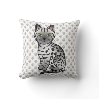 Silver Egyptian Mau Cute Cartoon Cat &amp; Paws Throw Pillow