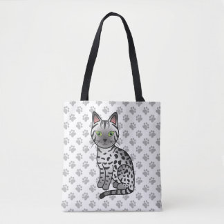 Silver Egyptian Mau Cute Cartoon Cat &amp; Paws Tote Bag