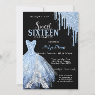 Silver Eiffel Tower Blue Glitter Drips Dress Black Invitation