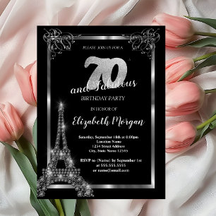 Silver Eiffel Tower,Border Black 70th Birthday  Invitation