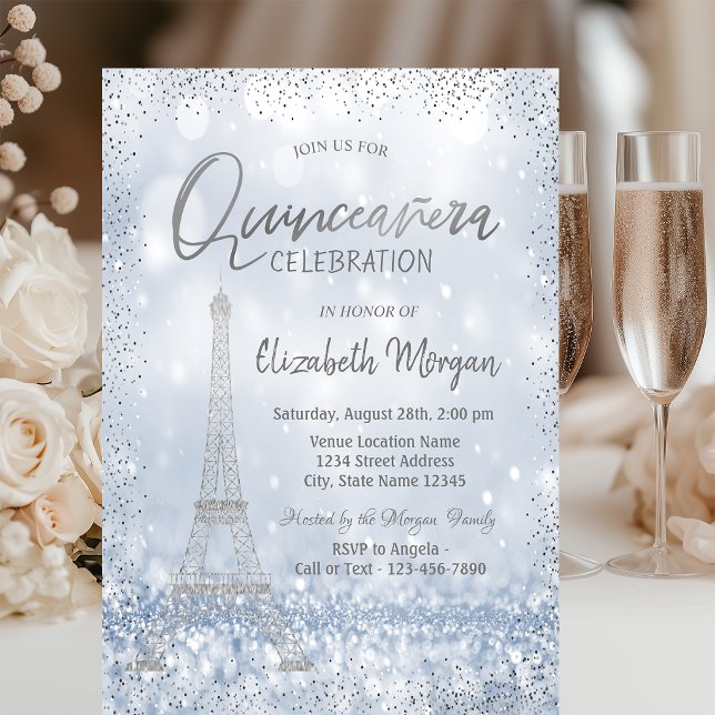 Silver Eiffel Tower Confetti Bokeh Quinceañera Invitation (Creator Uploaded)