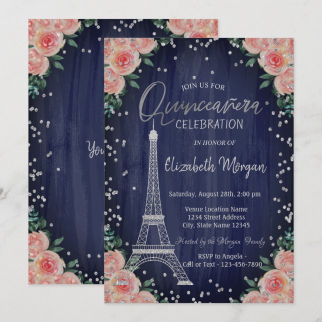 Silver Eiffel Tower Diamonds Flowers Quinceañera  Invitation (Front/Back)