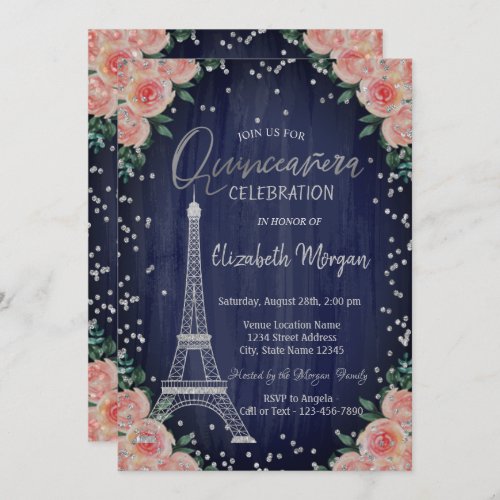 Silver Eiffel Tower Diamonds Flowers Quinceaera  Invitation