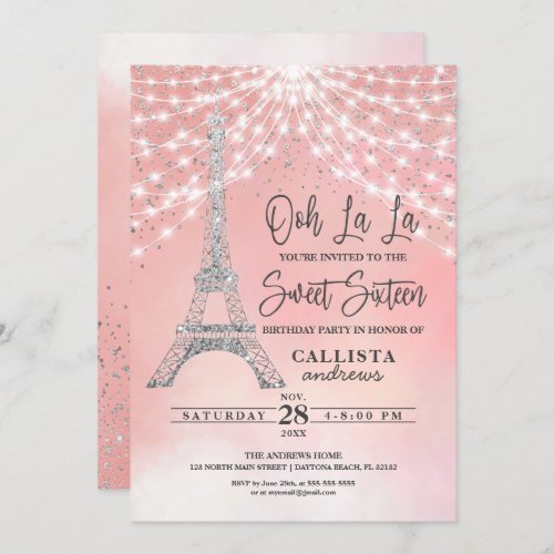 Silver Eiffel Tower Glitter Lights Sweet 16 Invitation