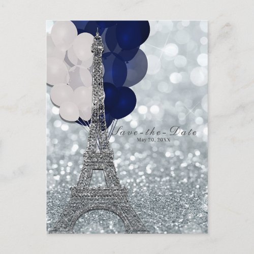 Silver Eiffel Tower Navy Balloons Save the Date Announcement Postcard