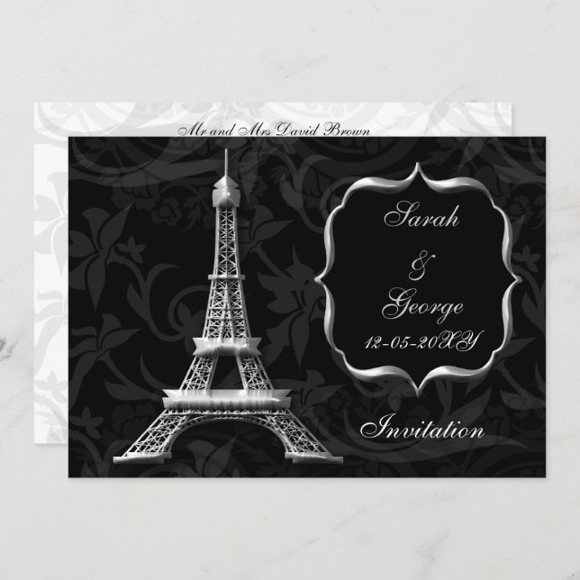 silver eiffel tower Paris wedding invitation (Front/Back)
