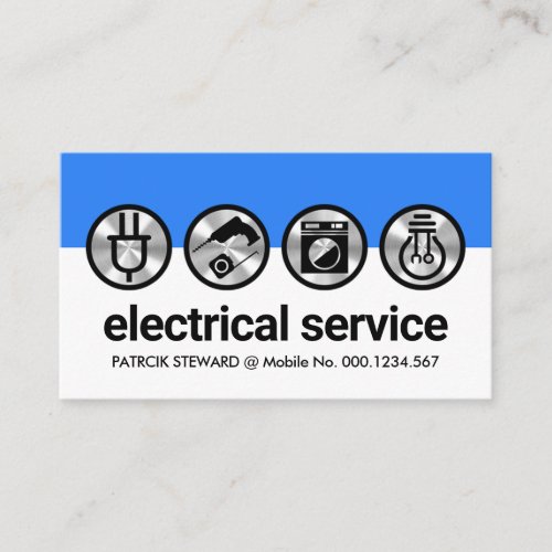 Silver Electrical Icons Blue White Layers Business Card