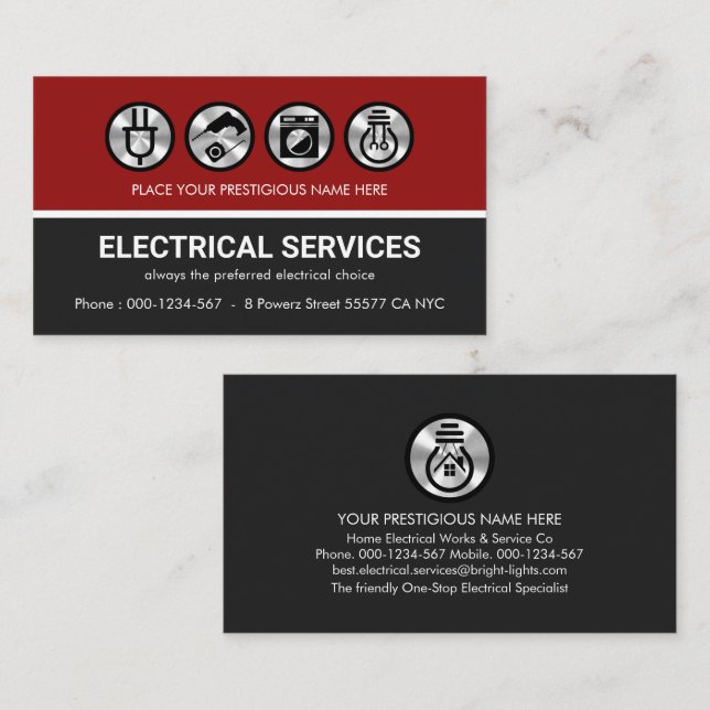 Silver Electrical Icons On Red Grey Layers Business Card (Front/Back)