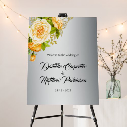 Silver Elegance and Yellow Roses Wedding Welcome Foam Board