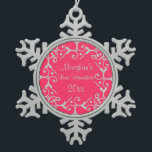Silver Elegance First Hanukkah Snowflake Ornament<br><div class="desc">Lovely scroll design in silver over a bright pink background.  Customize the text.</div>