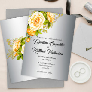 Silver Elegance: Golden Roses Wedding Invitation