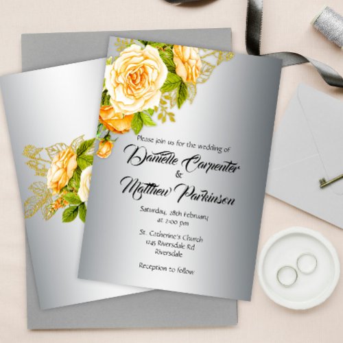 Silver Elegance Golden Roses Wedding Invitation