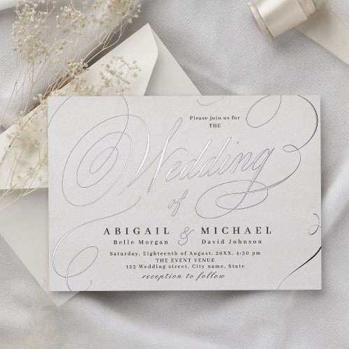 Silver elegant classic calligraphy vintage wedding foil invitation