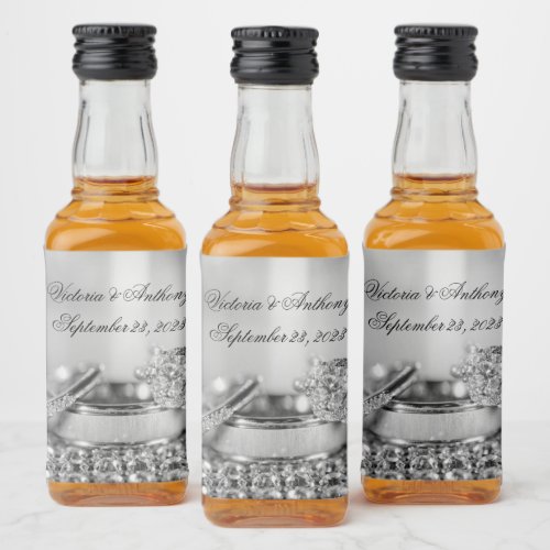 Silver Elegant Date Name Script Wedding Liquor Bottle Label