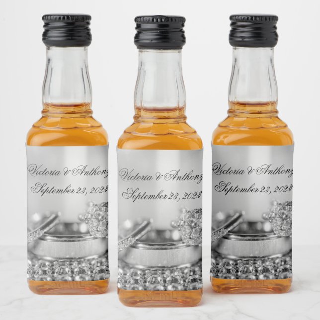 Silver Elegant Date Name Script Wedding Liquor Bottle Label (Bottles)