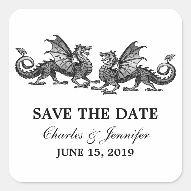 Silver Elegant Dragons Save the Date Stickers (Front)
