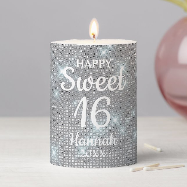 Silver Elegant Girl Birthday Sweet 16 Pillar Candle (In Situ)