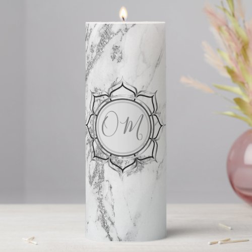 Silver Elegant Glittery Marble OM  Pillar Candle