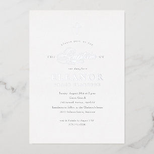 Silver Elegant Gold Cross Calligraphy Baptism Foil Invitation