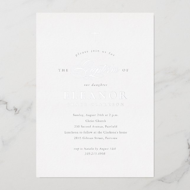 Silver Elegant Gold Cross Calligraphy Baptism Foil Invitation (Front)