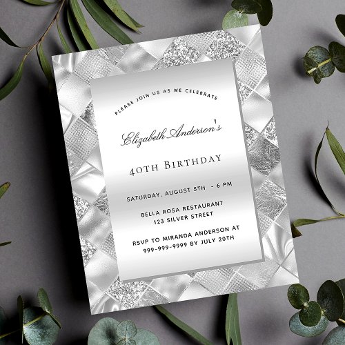 Silver elegant modern budget birthday invitation