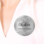 Silver elegant name tag button<br><div class="desc">A faux silver looking background decorated with confetti. Personalize and add your monogram initials,  first name and full name.</div>