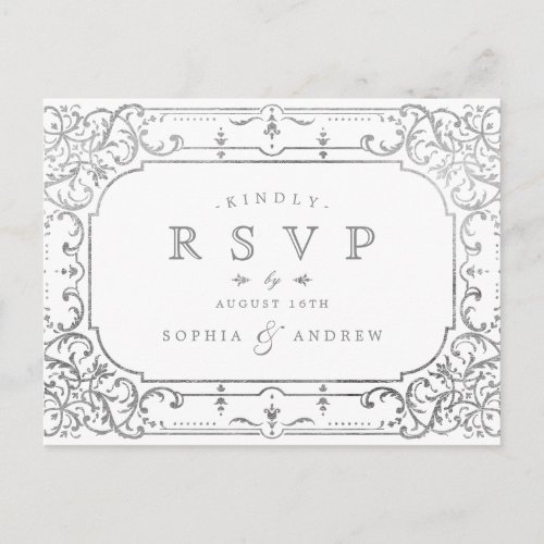 Silver elegant ornate romantic vintage RSVP Invitation Postcard