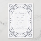 Silver elegant ornate romantic vintage wedding foil invitation (Front)
