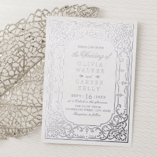 Silver elegant ornate romantic vintage wedding foil invitation