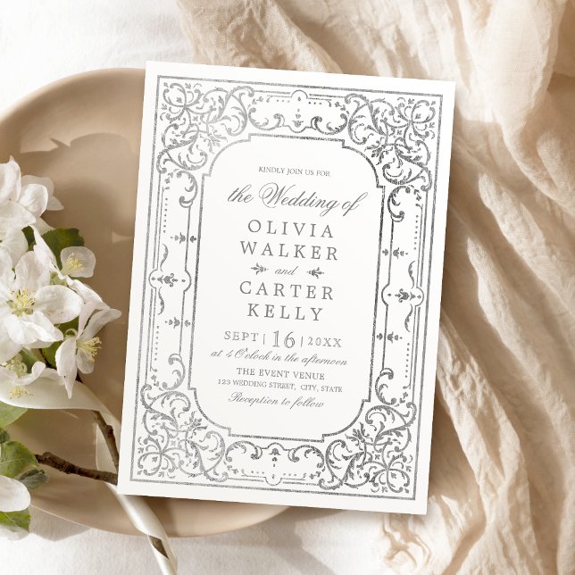 Silver elegant ornate romantic vintage wedding invitation (Silver elegant ornate romantic vintage wedding invitation)