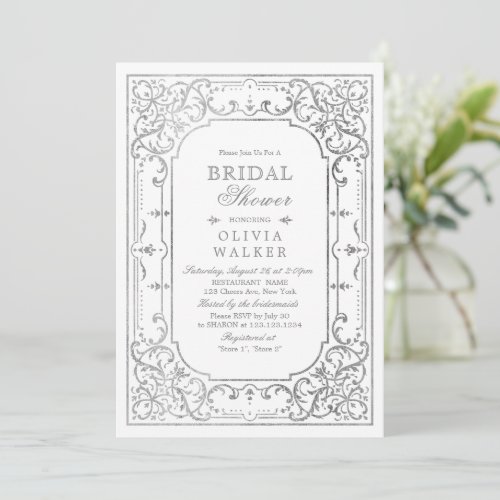 Silver elegant ornate vintage bridal shower invitation