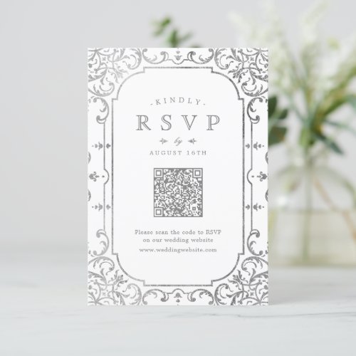 Silver elegant ornate vintage QR code wedding RSVP