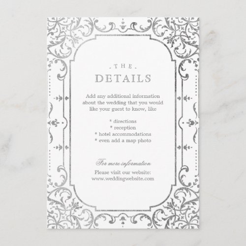 Silver elegant ornate vintage wedding details enclosure card