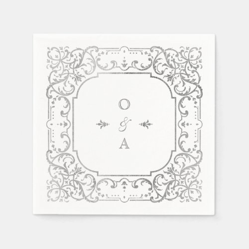 Silver elegant ornate vintage wedding monogram napkins