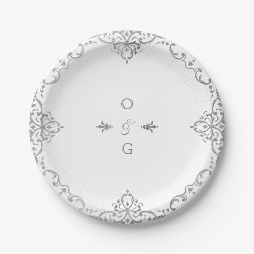 Silver elegant ornate vintage wedding monogram paper plates