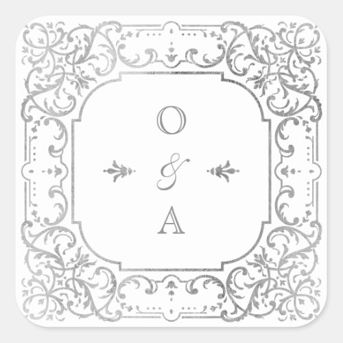 Silver elegant ornate vintage wedding monogram square sticker