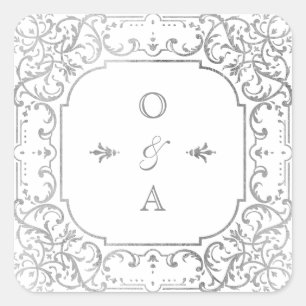 Silver elegant ornate vintage wedding monogram square sticker