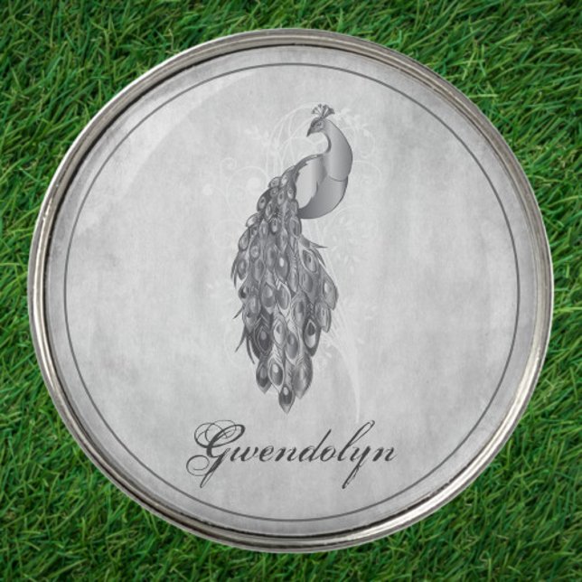 Silver Elegant Peacock Golf Ball Marker (Silver Elegant Peacock Personalized Golf Ball Marker)