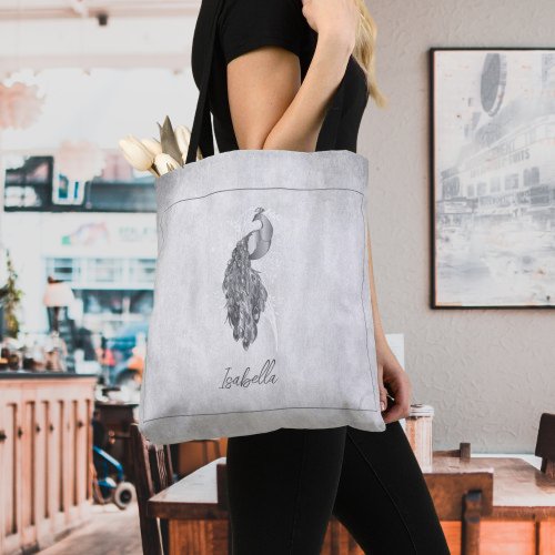 Silver Elegant Peacock Personalized Tote Bag