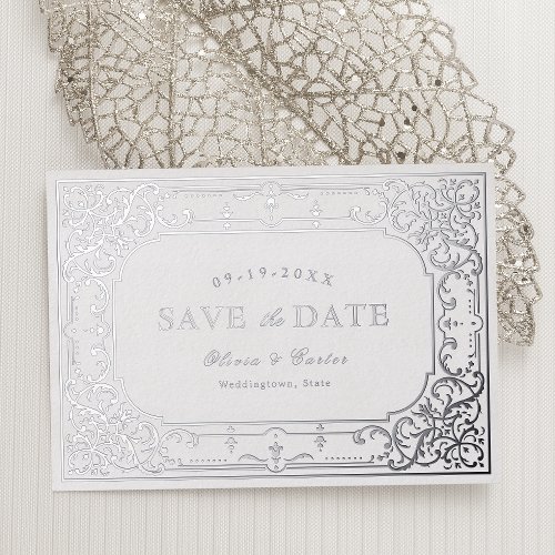 Silver elegant romantic ornate vintage wedding foil invitation