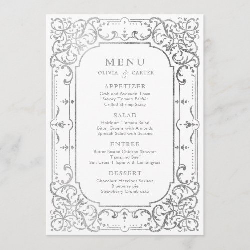 Silver elegant romantic ornate vintage wedding menu