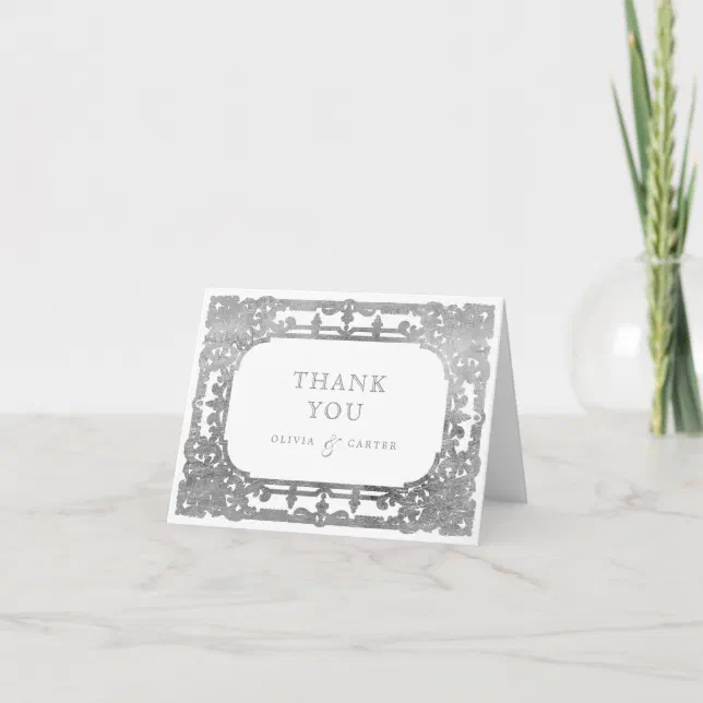 Silver elegant romantic ornate vintage wedding thank you card | Zazzle
