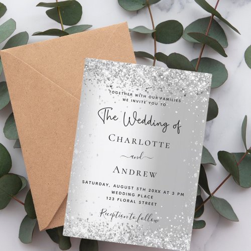 Silver elegant sparkles script wedding invitation