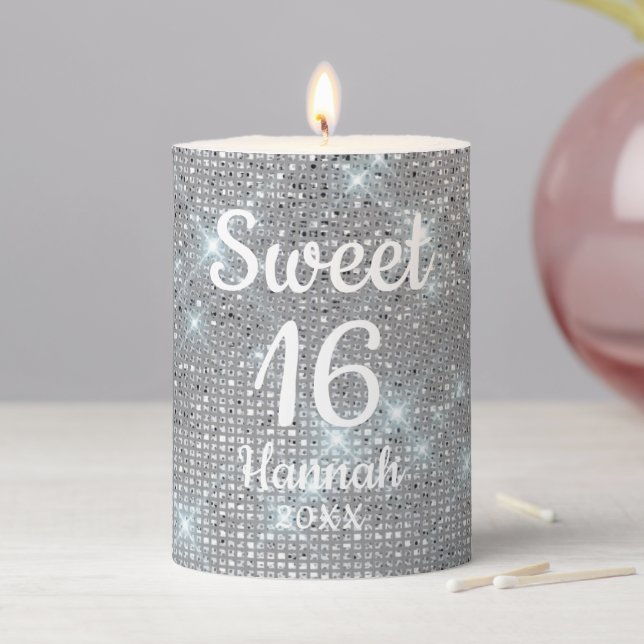  Silver Elegant Sweet 16 Girl Birthday Favors Pillar Candle (In Situ)