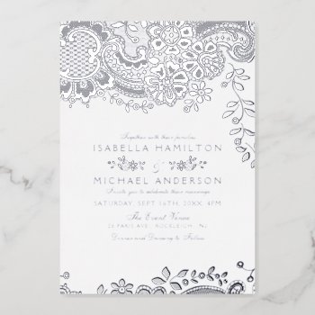 Silver Elegant Vintage Lace Wedding Foil Invitation by AvaPaperie at Zazzle