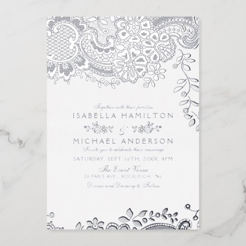 Silver elegant vintage lace wedding foil invitation