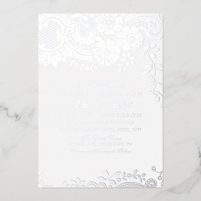 Silver elegant vintage lace wedding foil invitation (Front)